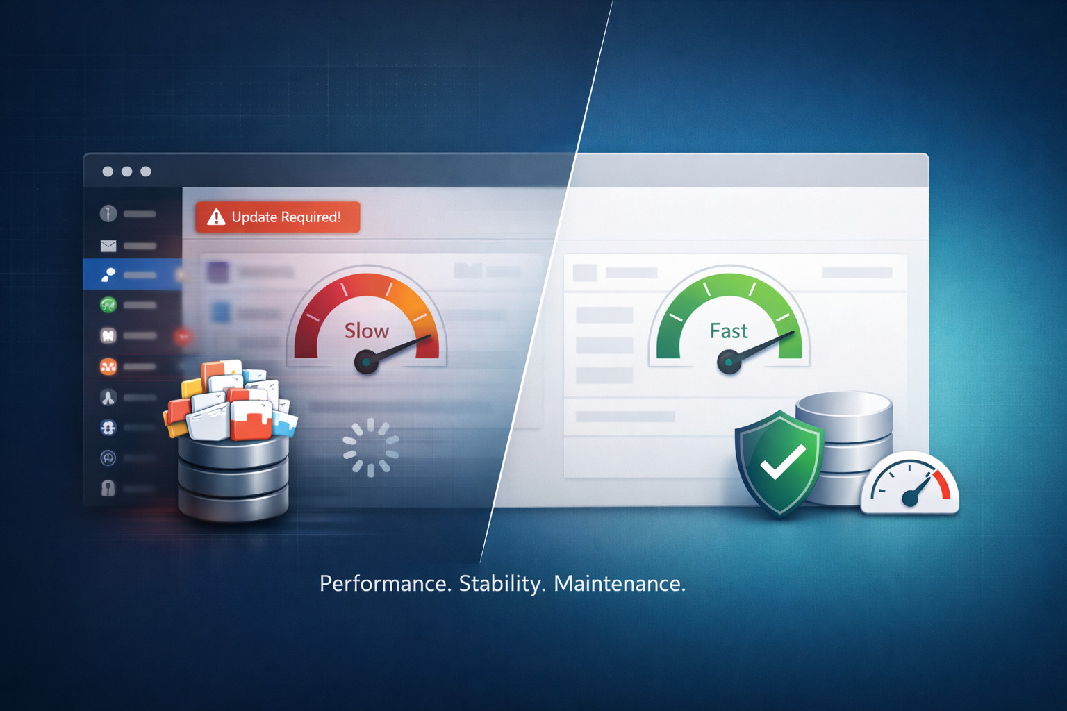 Illustration showing a slow and unstable WordPress website caused by plugin bloat, database clutter, and poor maintenance.