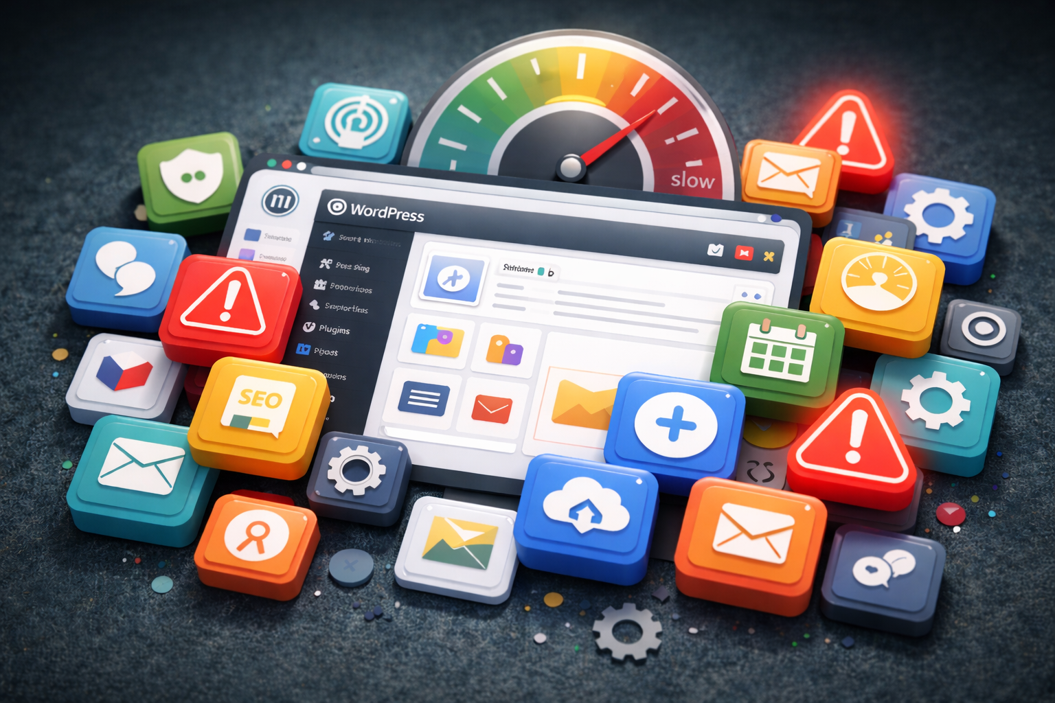 WordPress dashboard overloaded with too many plugins causing speed and performance issues