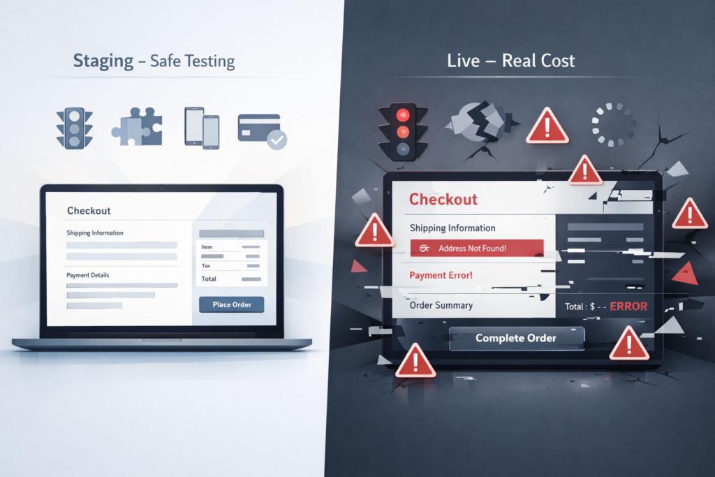 Risks of updating WordPress directly on a live website, including site downtime, broken plugins, and lost data