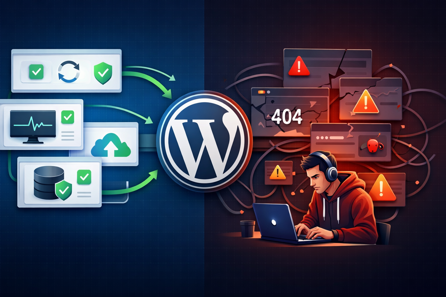 Illustration showing proactive WordPress maintenance compared with emergency website fixes and system failures