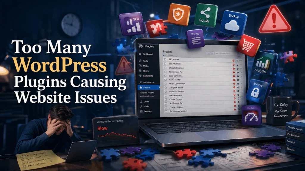 WordPress dashboard with too many plugins installed causing slow performance and conflicts