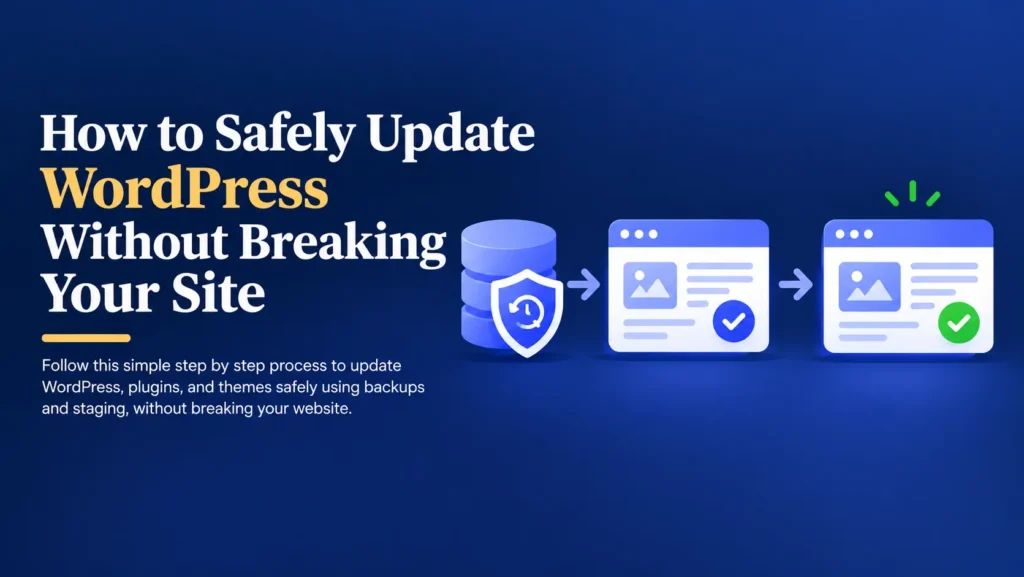 A backup, a staging test, and a final check turn WordPress updates into a safe routine. Alt Text: Step by step process for safely updating WordPress without breaking your site